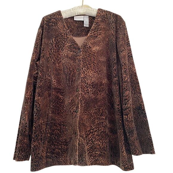 Liz Claiborne Velvet Velour Cheetah Animal Print Cardigan Cognac Brown + Black - Picture 1 of 6